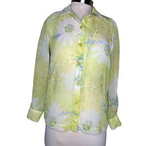Women’s small button front blouse yellowish green blue floral collar, long sl